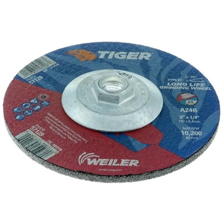 Weiler 6 in x 1/4" TIGER AO Type 27 Grinding Wheel, A24R, 5/8"-11 Nut 57128